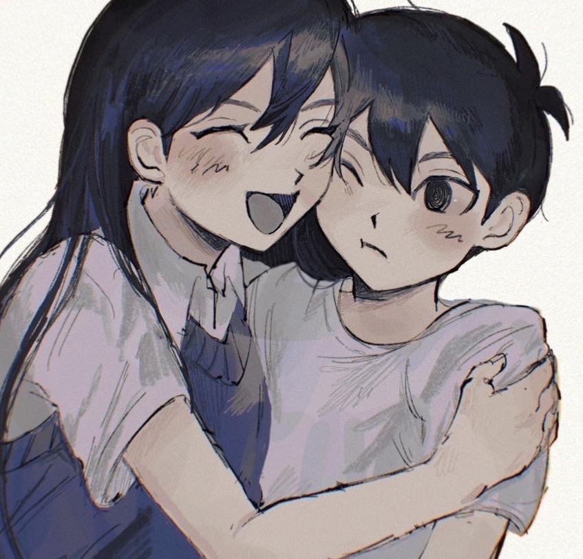 1boy 1girl :t antenna_hair arm_at_side black_eyes black_hair blue_sweater_vest blush brother_and_sister closed_eyes closed_mouth collared_shirt hair_behind_ear hair_between_eyes hand_on_another's_shoulder long_hair looking_at_another mari_(faraway)_(omori) mari_(omori) no_pupils omori one_eye_closed open_mouth sema_(vivaviva_02) shirt short_hair short_sleeves siblings smile sunny_(omori) sweater_vest upper_body v-shaped_eyebrows white_background white_shirt