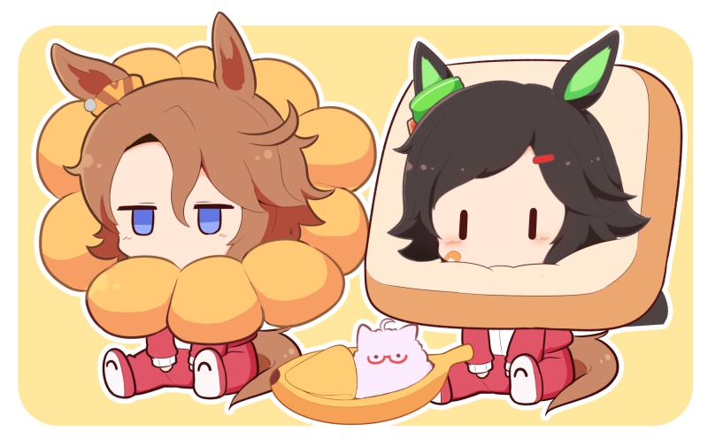 2girls ahoge animal_ears bandaid bandaid_on_cheek bandaid_on_face biwa_hayahide_(umamusume) black_hair blue_eyes blush_stickers bread bread_slice brown_hair chibi doughnut food glasses gomashio_(goma_feet) hair_between_eyes hair_ornament hairclip horse_ears horse_girl horse_tail jacket jitome multiple_girls narita_taishin_(umamusume) outline pants parted_bangs pon_de_ring red-framed_eyewear red_jacket red_pants semi-rimless_eyewear shoe_soles shoes simple_background sitting swept_bangs tail track_jacket track_pants track_suit umamusume under-rim_eyewear white_outline winning_ticket_(umamusume) yellow_background