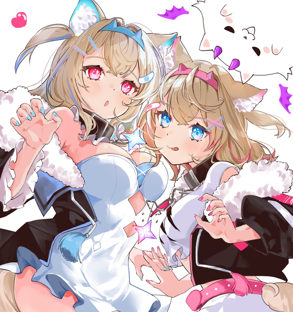 2girls animal_ear_fluff animal_ears bare_shoulders belt black_coat black_jacket blonde_hair blue_eyes blue_hair blue_nails breasts chain claw_pose cleavage coat collar crop_top cropped_jacket dog_ears dog_girl dog_tail dress from_below fur_trim fuwawa_abyssgard fuwawa_abyssgard_(1st_costume) hairband heart hololive hololive_english horns jacket large_breasts licking_lips long_hair looking_at_viewer medium_breasts mococo_abyssgard mococo_abyssgard_(1st_costume) multicolored_hair multiple_girls open_mouth perroccino_(fuwamoco) pink_belt pink_eyes pink_hair pink_nails shirt short_dress short_hair siblings simple_background sisters spiked_hairband spikes streaked_hair tail teracha1 tongue tongue_out twins two-tone_hair two_side_up upper_body virtual_youtuber white_background white_dress white_shirt