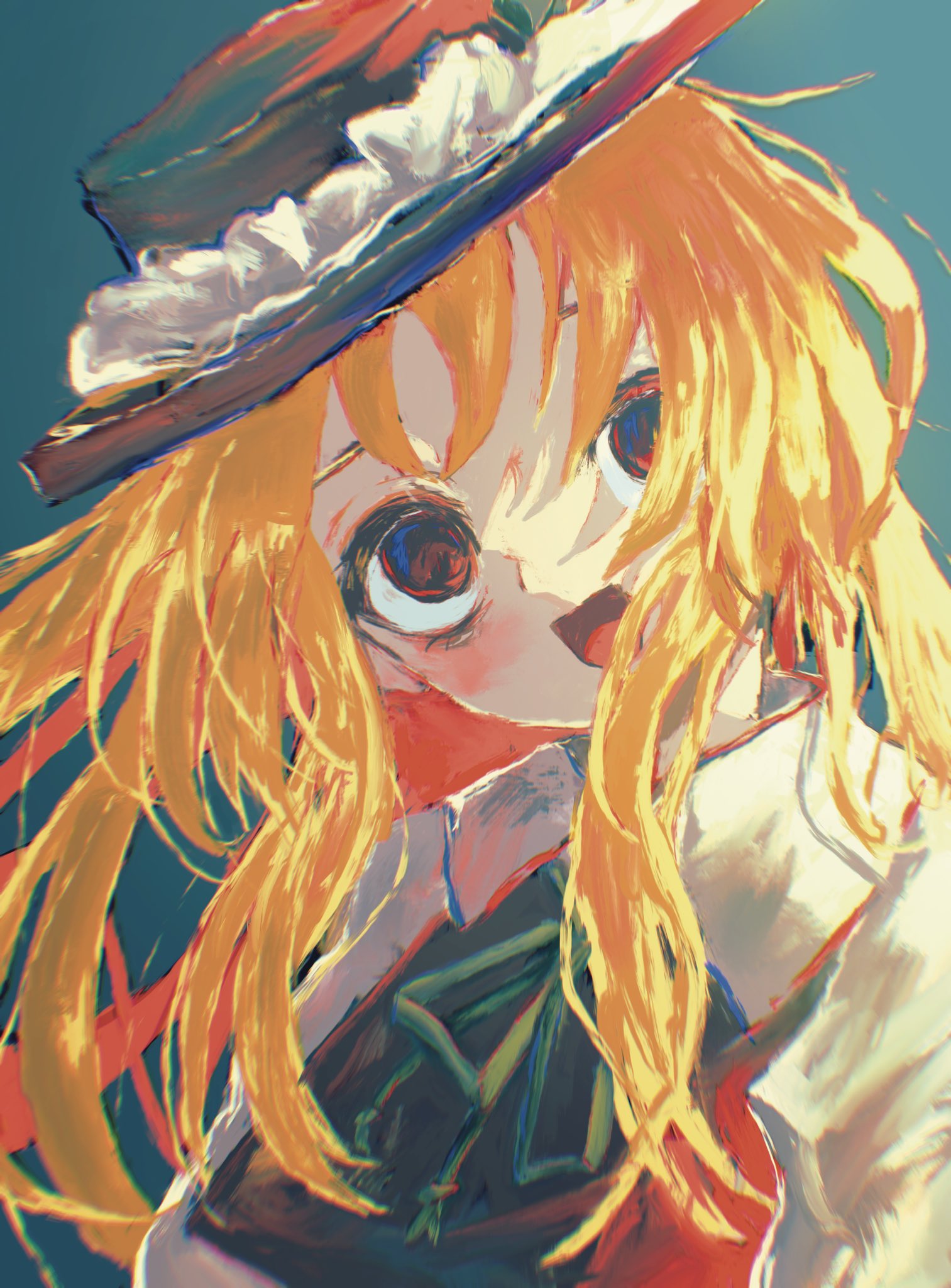 1girl blonde_hair brown_hat brown_vest collar crazy crazy_eyes flat_cap frilled_hat frills hat hat_feather highres jacket_girl_(dipp) mandarin_collar oiceringi open_mouth red_eyes solo touhou upper_body vest white_vest