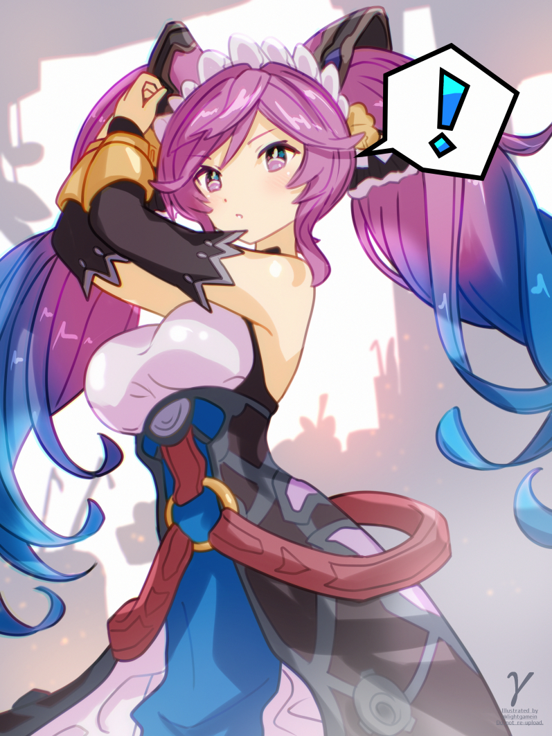 ! 1girl bare_shoulders blue_hair breasts cleo_(dragalia_lost) detached_sleeves dragalia_lost dress large_breasts long_hair looking_at_viewer multicolored_hair parted_lips pink_eyes pink_hair solo spoken_exclamation_mark takasaka_light twintails two-tone_hair very_long_hair