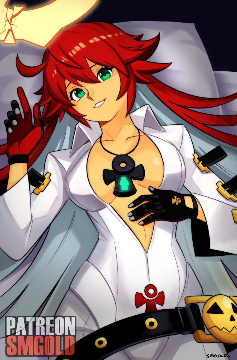 ankh ankh_necklace ball_and_chain_restraint bed bell-bottoms bodysuit breasts broken_halo curvy green_eyes guilty_gear guilty_gear_strive halo highres jack-o'_valentine looking_at_viewer multiple_boys pants pumpkin_mask red_hair skull_belt smgold spiked_halo white_bodysuit white_hair
