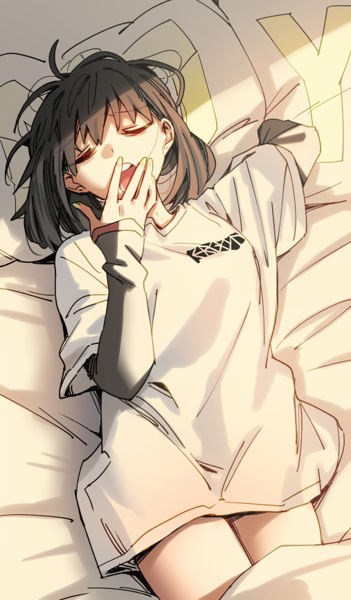 1girl artist_logo artist_name bed_sheet black_hair closed_eyes cowboy_shot ergot fingernails fubuki_(kancolle) green_nails hand_up kantai_collection layered_sleeves long_sleeves lying nail_polish on_back open_mouth pillow shirt short_hair short_over_long_sleeves short_ponytail short_sleeves solo teeth upper_teeth_only white_shirt