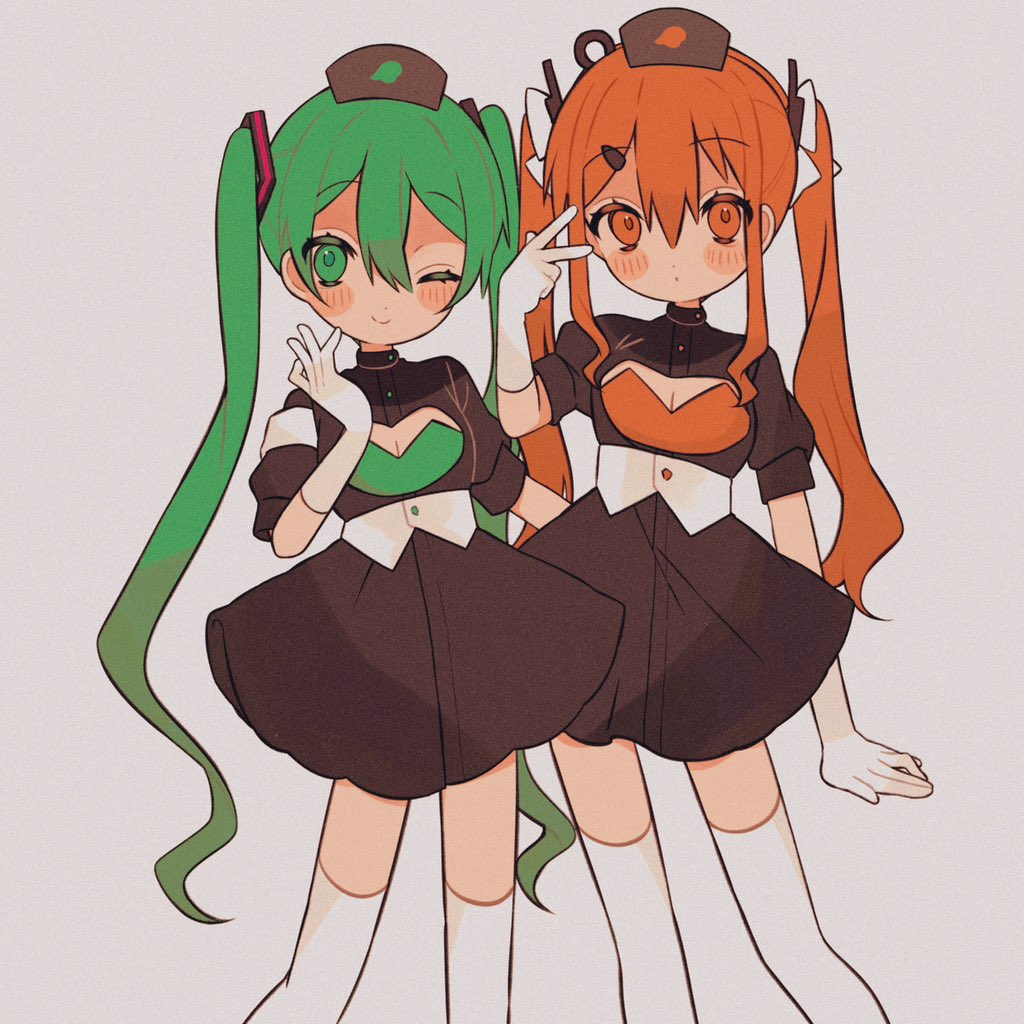 2girls a.i._voice adachi_rei alternate_costume alternate_hair_length alternate_hairstyle black_dress black_hat blush breasts buttons cleavage_cutout closed_mouth clothing_cutout dress feet_out_of_frame gloves green_eyes green_hair grey_background hair_between_eyes hair_ornament hair_ribbon hairclip hand_up hashtag-only_commentary hatsune_miku headlamp long_hair long_sleeves looking_at_viewer matching_hairstyle matching_outfits mochi_(na_si) multiple_girls one_eye_closed orange_eyes orange_hair radio_antenna ribbon short_dress short_sleeves simple_background small_breasts smile standing thighhighs twintails utau very_long_hair vocaloid white_gloves white_ribbon white_thighhighs