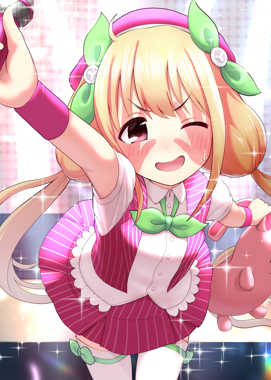 1girl ahoge beret blonde_hair blush bo_(bo) bow bowtie buttons collared_shirt commentary_request cowboy_shot dot_nose futaba_anzu green_bow green_bowtie hair_bow hat highres holding holding_microphone holding_stuffed_toy idol idolmaster idolmaster_cinderella_girls long_hair looking_at_viewer low_twintails microphone nervous_smile one_eye_closed open_mouth outstretched_arms pink_eyes pink_hat pink_skirt pink_vest pink_wristband shirt sidelocks skirt slap_mark slap_mark_on_face smile solo sparkle striped_clothes striped_skirt striped_vest stuffed_animal stuffed_rabbit stuffed_toy sweat thigh_bow thighhighs twintails v-shaped_eyebrows vest white_shirt white_thighhighs wristband