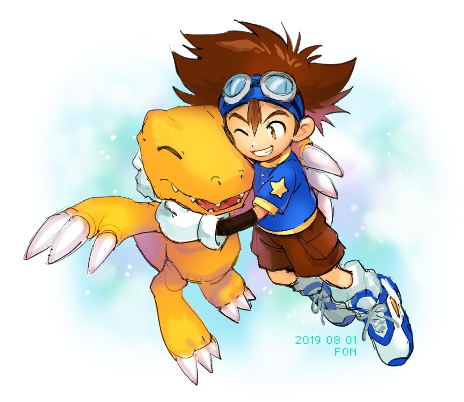 1boy agumon blue_shirt brown_eyes brown_hair brown_shorts claws closed_eyes dated digimon digimon_(creature) fon-due_(fonfon) full_body gloves goggles goggles_on_head grin hair_between_eyes male_focus nostrils one_eye_closed open_mouth sharp_teeth shirt shoes shorts signature smile sneakers t-shirt teeth white_gloves yagami_taichi