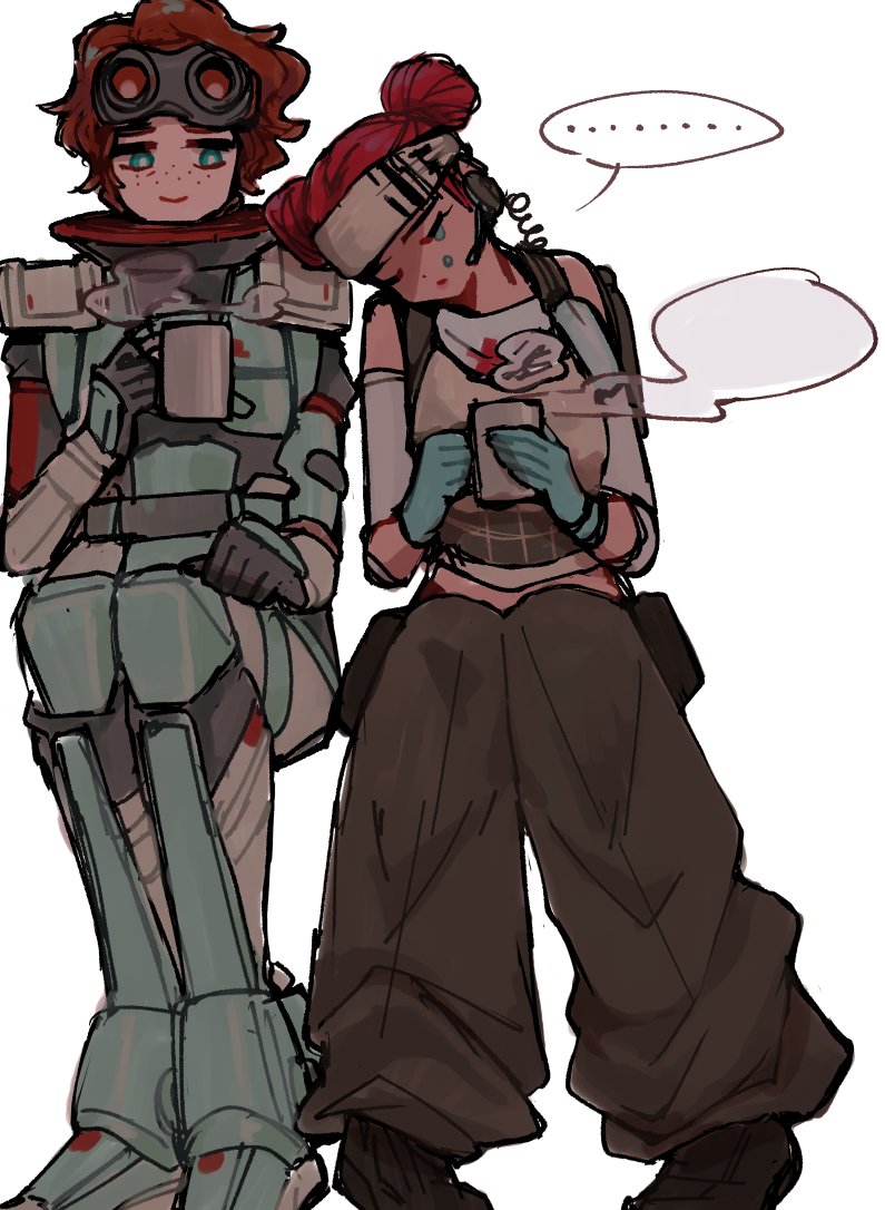 ... 2girls animification apex_legends black_footwear black_gloves blue_gloves boots bright_pupils brown_hair brown_tank_top crying cup detached_sleeves earpiece freckles gloves hand_on_own_leg head_on_another's_shoulder headband holding holding_cup horizon_(apex_legends) lifeline_(apex_legends) mask mask_around_neck mononobex mug multiple_girls red_hair short_hair sitting smile smoke spacesuit spoken_ellipsis tank_top white_headband white_pupils