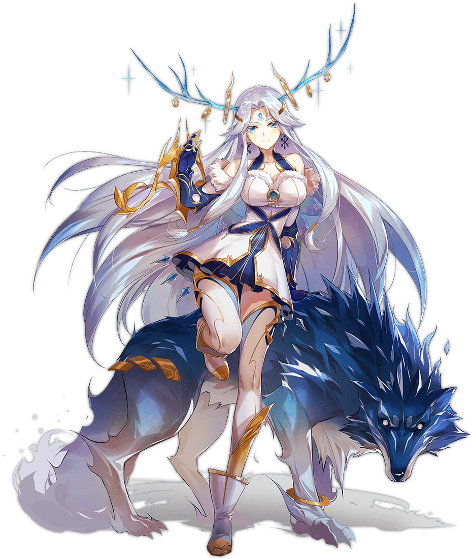 1girl antler_ornament antler_ring antlers ark_order bare_shoulders blue_fur blue_gloves boots breasts detached_sleeves dress earrings full_body fur-trimmed_sleeves fur_trim gloves gold_trim grey_hair horns jewelry large_breasts long_hair long_sleeves looking_at_viewer official_art parted_bangs see-through see-through_legwear sidelocks skadi_(ark_order) smile snowflake_earrings snowflake_print solo sparkle spirit tachi-e thighhighs transparent_background very_long_hair weapon white_dress white_footwear white_thighhighs wolf