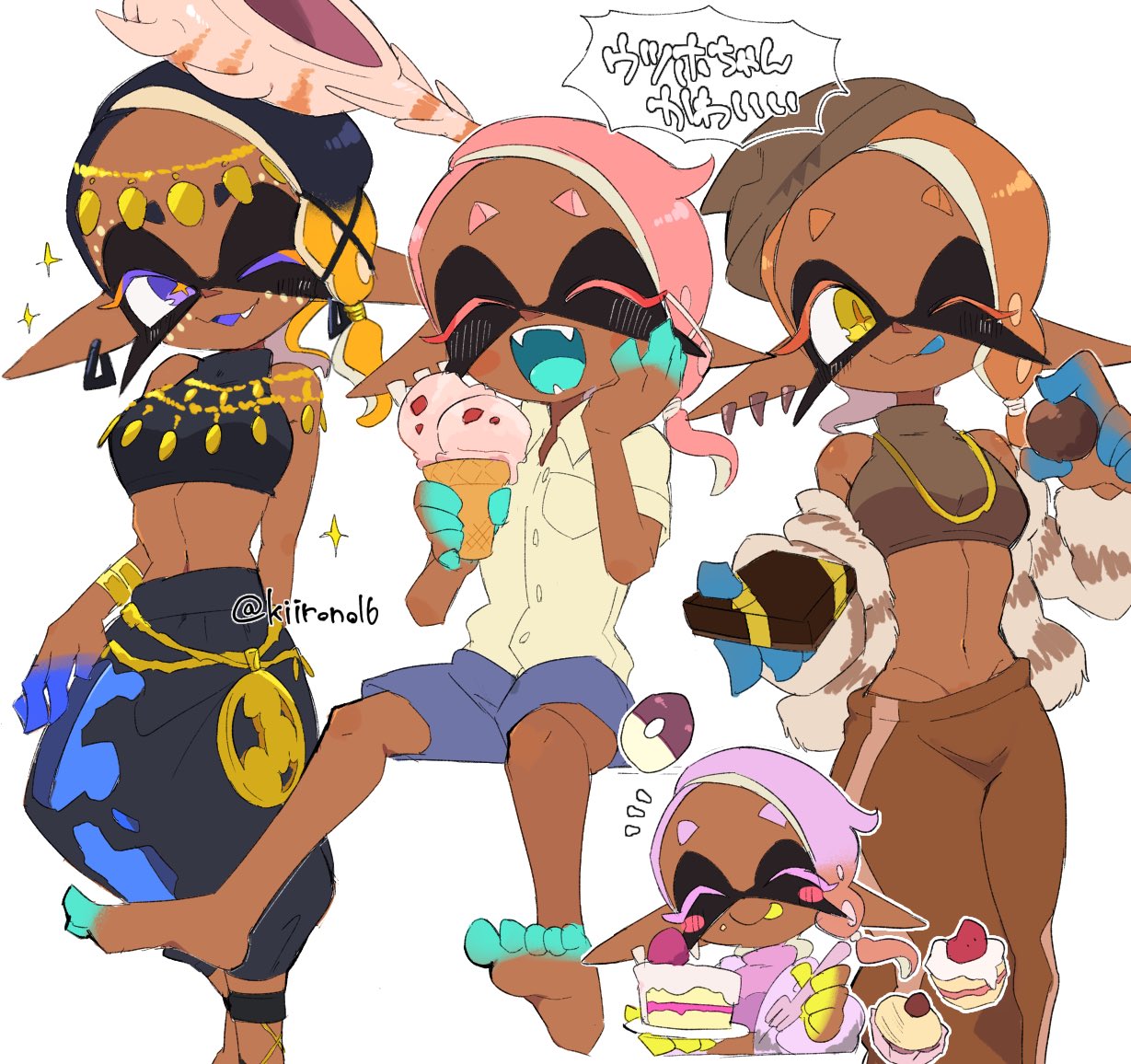 1girl baggy_pants beanie black_hair box box_of_chocolates cake chocolate colored_eyelashes colored_tongue commentary_request crop_top dark-skinned_female dark_skin food frye_(splatoon) hat ice_cream ice_cream_cone inkling jewelry kiirono midriff multiple_views necklace pants pink_hair pointy_ears short_eyebrows splatoon_(series) splatoon_3 tentacle_hair yellow_eyes