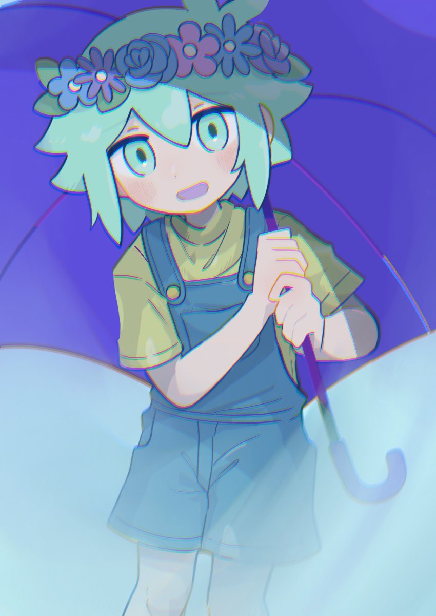 1boy antenna_hair aqua_background basil_(headspace)_(omori) basil_(omori) blue_flower blue_overalls blue_rose blush buttons child chromatic_aberration flower green_eyes green_hair green_shirt head_wreath highres holding holding_umbrella leaf looking_at_viewer omori open_mouth overall_shorts overalls pink_flower purple_flower purple_rose purple_umbrella rose shirt short_hair short_sleeves smile solo sr_ld_fr umbrella