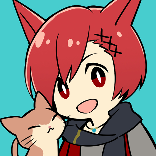 1boy :d animal_ears aqua_background black_scarf cat cat_boy cat_ears chibi chibi_only final_fantasy final_fantasy_xiv g'raha_tia jewelry looking_at_viewer lowres male_focus miqo'te morumoru_(kuromrmr) necklace portrait red_eyes red_hair scarf short_hair smile solo