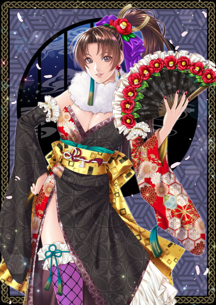 1girl asymmetrical_sleeves black_kimono bow breasts brown_eyes brown_hair cleavage commentary_request contrapposto detached_sleeves earrings fatal_fury floral_print flower folding_fan fur_scarf hair_bow hair_flower hair_ornament hand_fan hand_on_own_hip high_ponytail holding holding_fan japanese_clothes jewelry kimono large_breasts long_hair mismatched_sleeves mito_amatsu parted_bangs parted_lips petals ponytail purple_thighhighs red_nails shiranui_mai smile solo the_king_of_fighters thighhighs wide_sleeves yukata