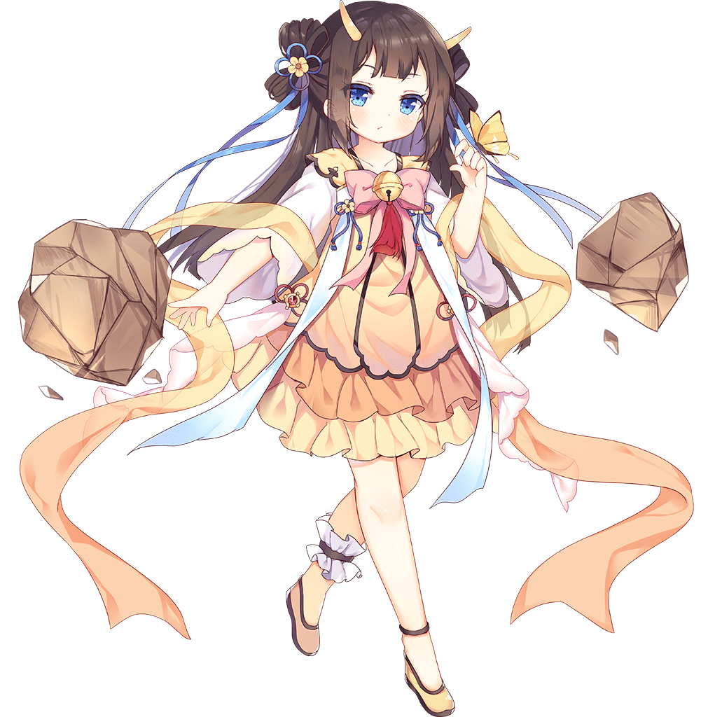 1girl ark_order bell blue_eyes bow bracelet branch bridal_garter brown_hair bug butterfly butterfly_on_hand chimi-mouryou_(ark_order) dragon_horns dress flats full_body hagoromo horns jewelry jingle_bell long_sleeves looking_at_viewer official_art pink_bow rock shawl sidelocks solo tachi-e transparent_background tsukimi_(xiaohuasan) two_side_up wide_sleeves yellow_dress yellow_footwear