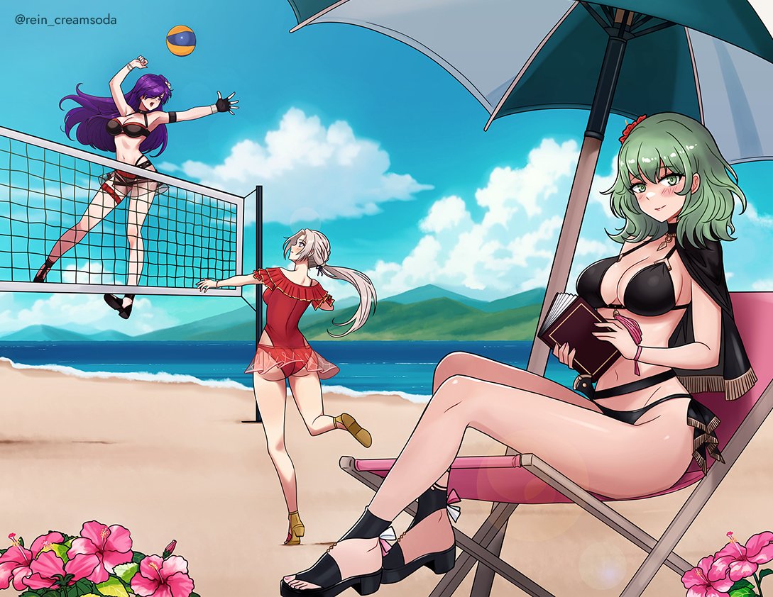 3girls ass blush breasts byleth_(female)_(fire_emblem) byleth_(female)_(summer)_(fire_emblem) byleth_(fire_emblem) casual_one-piece_swimsuit edelgard_von_hresvelg edelgard_von_hresvelg_(summer) enlightened_byleth_(female) fire_emblem fire_emblem:_three_houses fire_emblem_heroes fire_emblem_warriors:_three_hopes frilled_one-piece_swimsuit frills green_eyes green_hair multiple_girls official_alternate_costume one-piece_swimsuit purple_hair red_one-piece_swimsuit rein_creamsoda shez_(female)_(fire_emblem) shez_(female)_(summer)_(fire_emblem) shez_(fire_emblem) smile swimsuit umbrella volleyball white_hair