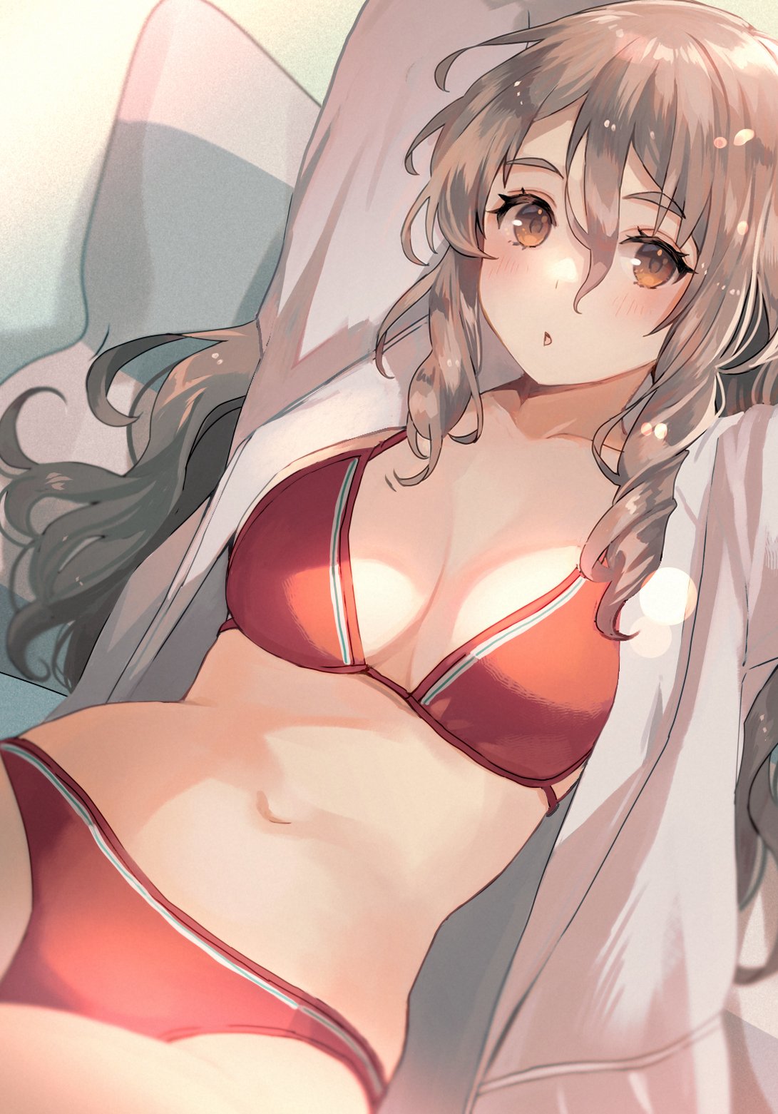 1girl :o alternate_costume arm_up bikini breasts brown_eyes brown_hair cleavage commentary_request drill_hair hair_between_eyes highres kantai_collection kasumi_(skchkko) large_breasts long_hair looking_at_viewer navel open_clothes open_mouth open_shirt pola_(kancolle) red_bikini shirt solo stomach swimsuit tagme white_shirt