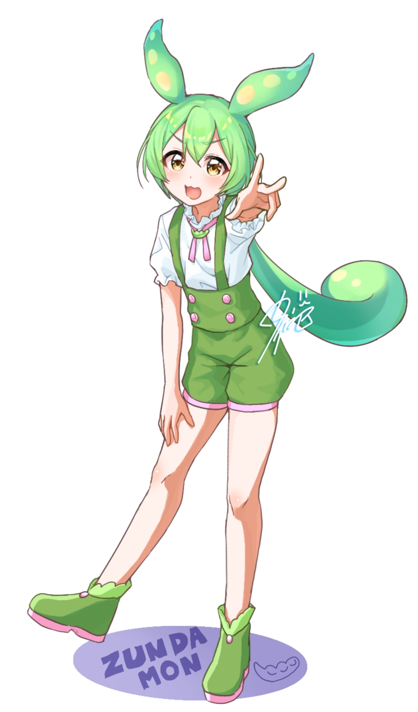 1girl boots full_body green_hair green_shorts highres long_hair looking_at_viewer low_ponytail neck_ribbon open_mouth pea_pod pink_ribbon pointing pointing_at_viewer ribbon sakura_kara_no_ebi_ga_deta shirt shorts simple_background smile solo suspender_shorts suspenders voicevox white_background white_shirt yellow_eyes zundamon