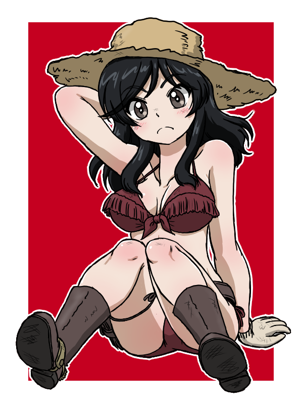 1girl arm_behind_head belle_(girls_und_panzer) belt bikini black_belt black_hair boots breasts brown_bikini brown_footwear brown_hat closed_mouth commentary cowboy_boots cowboy_hat fringe_trim front-tie_bikini_top front-tie_top frown girls_und_panzer gloves grey_gloves halterneck hat holster long_hair looking_at_viewer medium_breasts outline red_background sitting solo straw_hat swimsuit takahashi_kurage textless_version thigh_strap white_outline