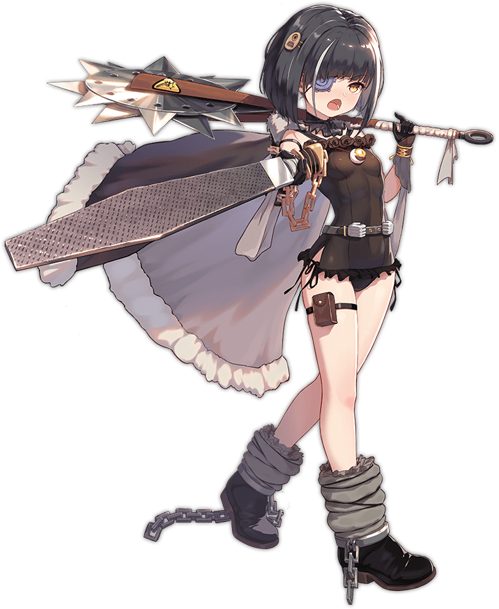 1girl ark_order belt black_cape black_dress black_footwear black_gloves black_hair black_panties bob_cut boots cape chain circular_saw cuffs cyclops_(ark_order) dress eyepatch frilled_dress frills full_body fur-trimmed_cape fur_trim gears gloves holding holding_weapon looking_at_viewer official_art panties pointing pointing_at_viewer pouch saw shackles short_hair sidelocks solo tachi-e thigh_pouch thigh_strap transparent_background underwear walking weapon you_ni_ge_shaobing