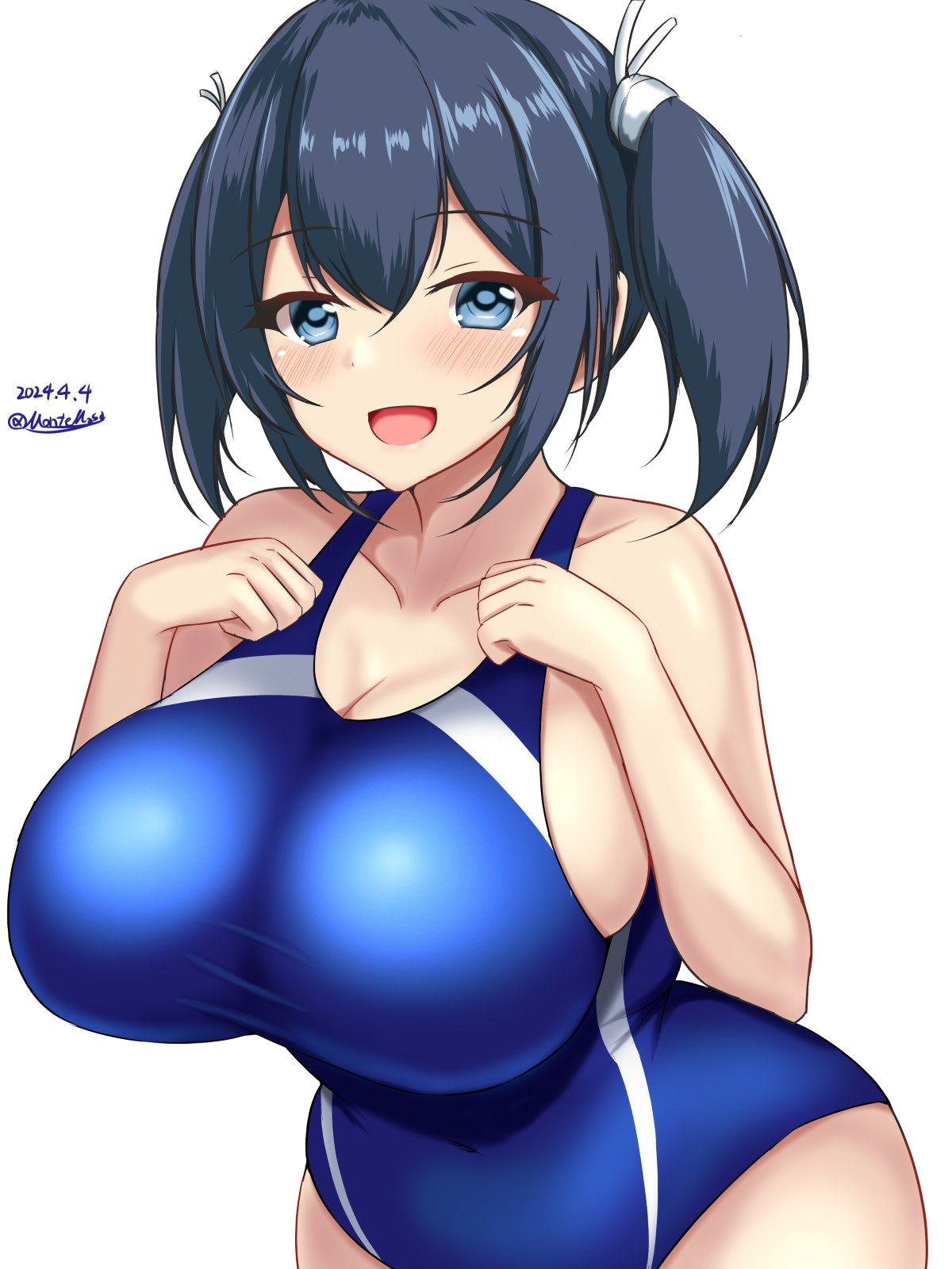 1girl black_hair blue_eyes blue_one-piece_swimsuit blush breasts competition_swimsuit covered_navel cowboy_shot dated hair_between_eyes hair_ribbon highres huge_breasts impossible_clothes impossible_swimsuit japanese_clothes kantai_collection large_breasts long_hair looking_at_viewer montemasa one-piece_swimsuit open_mouth ribbon simple_background smile solo souryuu_(kancolle) swimsuit twintails twitter_username two-tone_swimsuit white_background