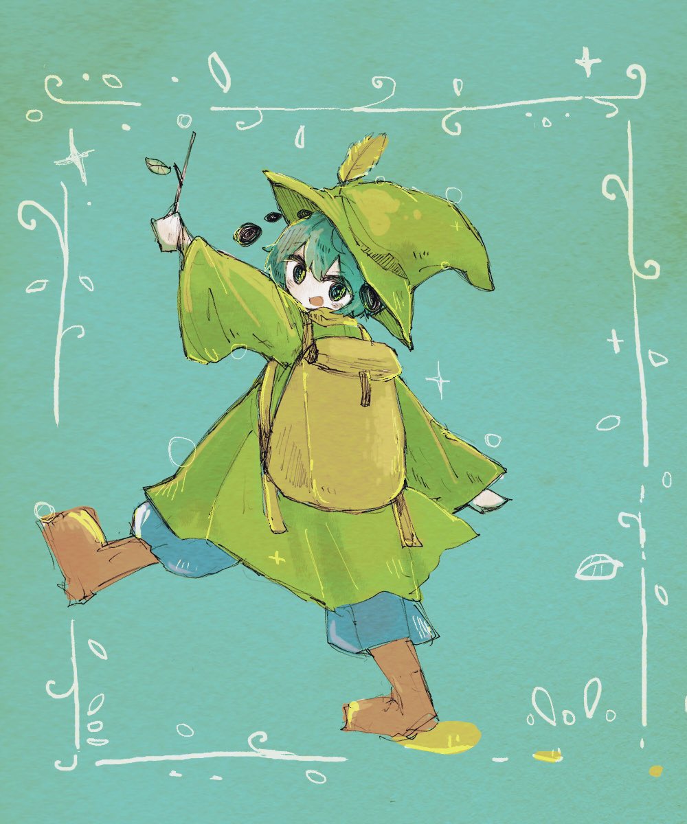 1girl antennae bag boots brown_footwear cape green_eyes green_hair hat highres holding holding_stick leaf leaf_hat_ornament mokumoku22 open_mouth raincoat short_hair smile solo star_(symbol) stick touhou water_drop witch_hat wriggle_nightbug