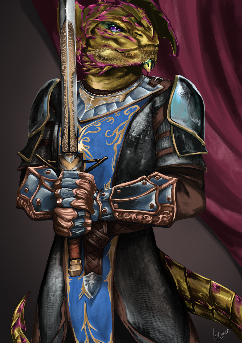 1930_(pixiv) andromorph_(lore) anthro armor baldur's_gate baldur's_gate_3 bioware bronze_dragonborn_(dnd) bronze_scales clothing detailed_background dragonborn_(dnd) duma_(lankthedank) dungeons_and_dragons electronic_arts gauntlets gloves handwear hasbro hi_res horn makeup male melee_weapon mothman1930 paladin purple_body purple_eyes purple_scales scales self_portrait solo spikes sword tail trans_(lore) trans_man_(lore) weapon wizards_of_the_coast