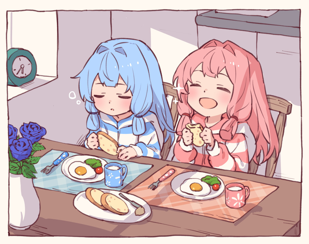 2girls blue_hair blush clock closed_eyes cup flower food fork fried_egg holding holding_food hood hood_down hooded_jacket indoors jacket kotonoha_akane kotonoha_aoi long_hair long_sleeves milk multiple_girls open_mouth parted_lips pink_hair purple_flower siblings sisters sitting smile solo squeans striped_clothes striped_jacket twins voiceroid yamamomo_(plank)