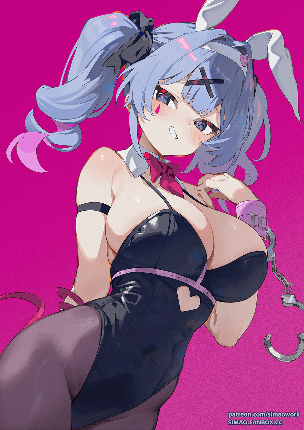 1girl alternate_breast_size animal_ears black_leotard blue_eyes blue_hair blush breasts commentary_request cuffs detached_collar fake_animal_ears grin hair_ornament handcuffs hatsune_miku highres large_breasts leotard looking_at_viewer medium_hair pantyhose playboy_bunny rabbit_ears rabbit_hole_(vocaloid) simao_(x_x36131422) smile solo twintails vocaloid x_hair_ornament