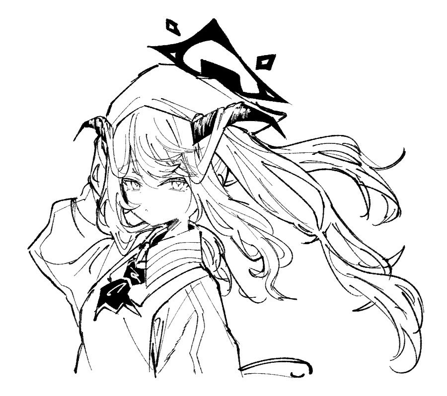 1girl apron ascot blue_archive bobonasudan closed_mouth demon_horns fuuka_(blue_archive) greyscale hair_between_eyes halo head_scarf horns long_hair long_sleeves looking_at_viewer monochrome parted_lips simple_background sketch solo twintails upper_body white_background