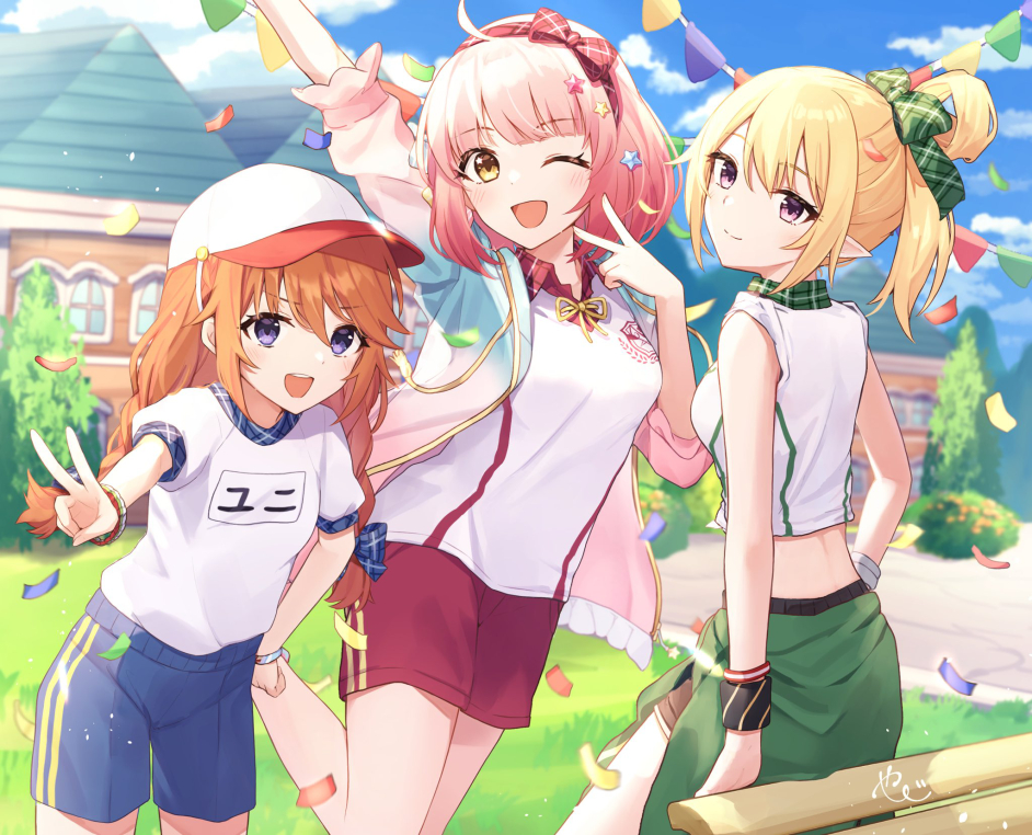 baseball_cap black_shorts blue_bow blue_shorts bow bow_hairband braid chieru_(princess_connect!) chieru_(school_festival)_(princess_connect!) chloe_(princess_connect!) chloe_(school_festival)_(princess_connect!) clothes_pull collared_shirt elf gradient_clothes gradient_jacket green_bow gym_shirt gym_shorts gym_uniform hair_bow hair_ornament hairband hat hood hoodie jacket multicolored_clothes multicolored_hoodie name_tag orange_hair pink_hair plaid plaid_bow plaid_collar plaid_hairband pointy_ears princess_connect! red_hairband red_shorts shirt shorts shorts_pull star_(symbol) star_hair_ornament star_in_eye symbol_in_eye tied_shirt twin_braids white_hat yazi114 yuni_(princess_connect!) yuni_(school_festival)_(princess_connect!)