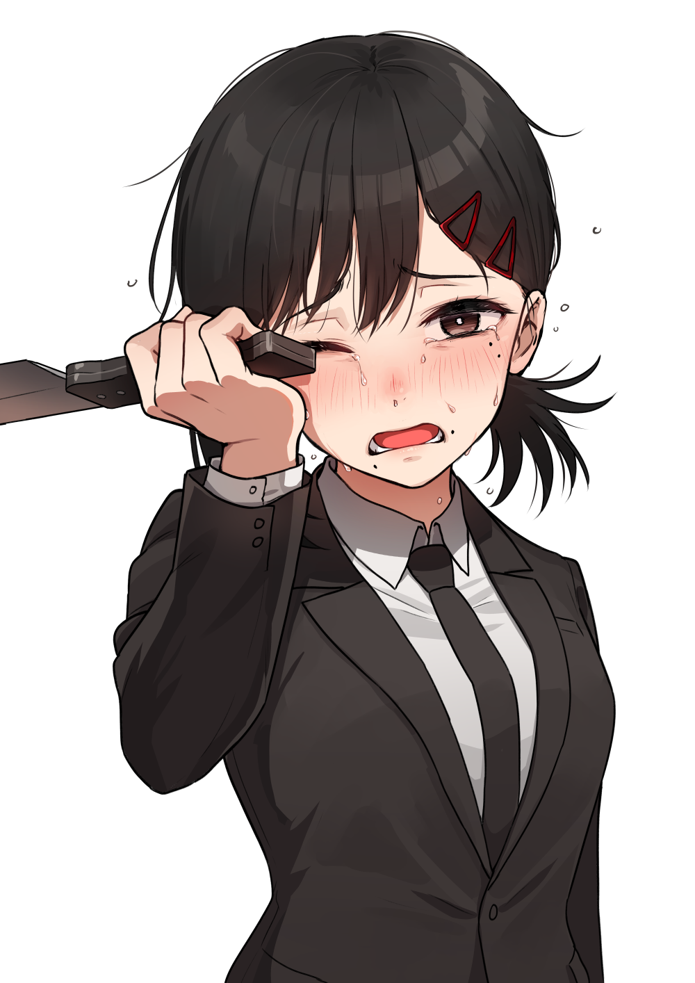 1girl black_hair black_necktie black_suit blush chainsaw_man crying crying_with_eyes_open formal higashiyama_kobeni highres holding holding_knife kamille_(vcx68) kitchen_knife knife long_sleeves looking_at_viewer mole mole_under_eye mole_under_mouth multiple_moles necktie shirt side_ponytail simple_background solo suit tears upper_body white_background white_shirt