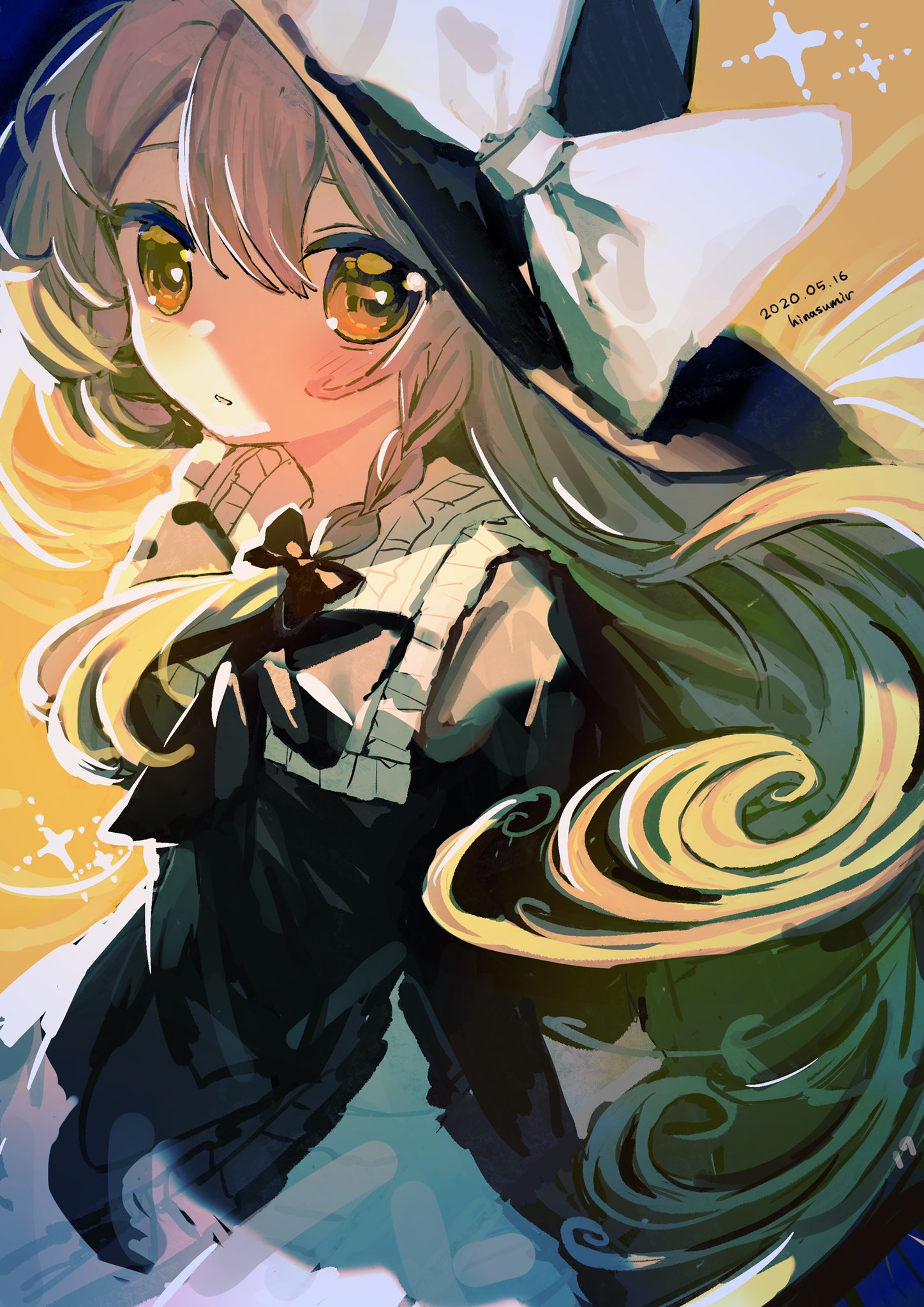 1girl apron blonde_hair bow braid collar hair_bow hair_tubes hat hat_bow highres hinasumire kirisame_marisa side_braid single_braid solo star_(symbol) touhou waist_apron white_bow witch_hat yellow_eyes