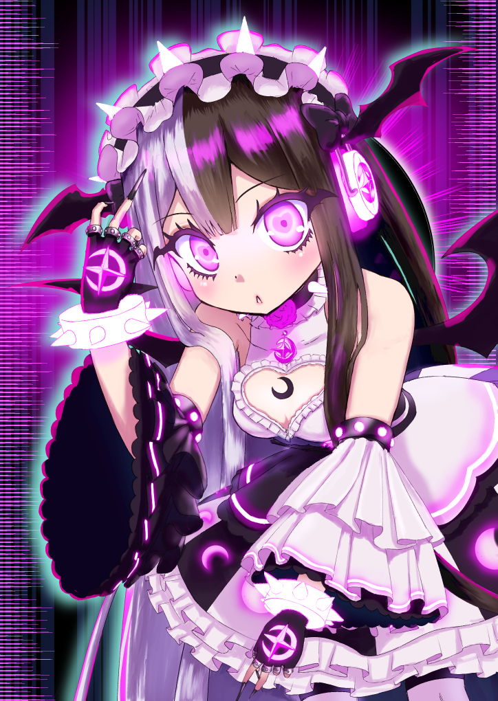 1girl asymmetrical_sleeves audio_visualizer beatmania_iidx black_gloves black_hair black_nails black_skirt black_sleeves blunt_bangs blush breasts cleavage cleavage_cutout clothing_cutout commentary_request cowboy_shot detached_sleeves fingerless_gloves fingernails frilled_shirt frilled_skirt frilled_sleeves frills gloves glowing glowing_eyes headdress headphones heart heart-shaped_pupils leaning_forward long_hair looking_at_viewer medium_bangs medium_breasts mismatched_sleeves multicolored_hair open_mouth pink_background pink_eyes ratih sharp_fingernails shirt sidelocks skirt sleeveless sleeveless_shirt solar_eclipse_(bemani) solo split-color_hair symbol-shaped_pupils very_long_fingernails white_hair white_shirt white_sleeves