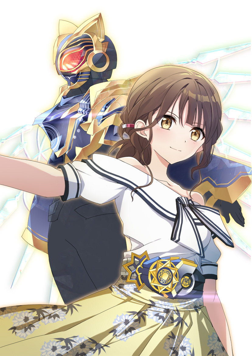 1girl brown_eyes brown_hair character_request closed_mouth commentary_request floral_print kamen_rider kamen_rider_geats_(series) kamen_rider_na-go long_hair off-shoulder_shirt off_shoulder outstretched_arm print_skirt puffy_short_sleeves puffy_sleeves shirt short_sleeves skirt smile tsuezu white_background white_shirt yellow_skirt