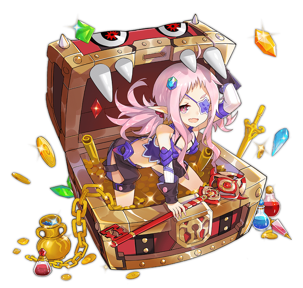 1girl :d ahoge ark_order artist_request black_shorts bra chain coin detached_sleeves facial_mark fang faux_figurine full_body gem gold gold_coin holding holding_key horns key long_hair long_sleeves looking_at_viewer mimic mimic_(ark_order) mimic_chest official_art pink_eyes pink_hair potion purple_bra purple_horns purple_shirt shirt short_bangs shorts sidelocks smile solo transparent_background treasure treasure_chest twintails underwear vase