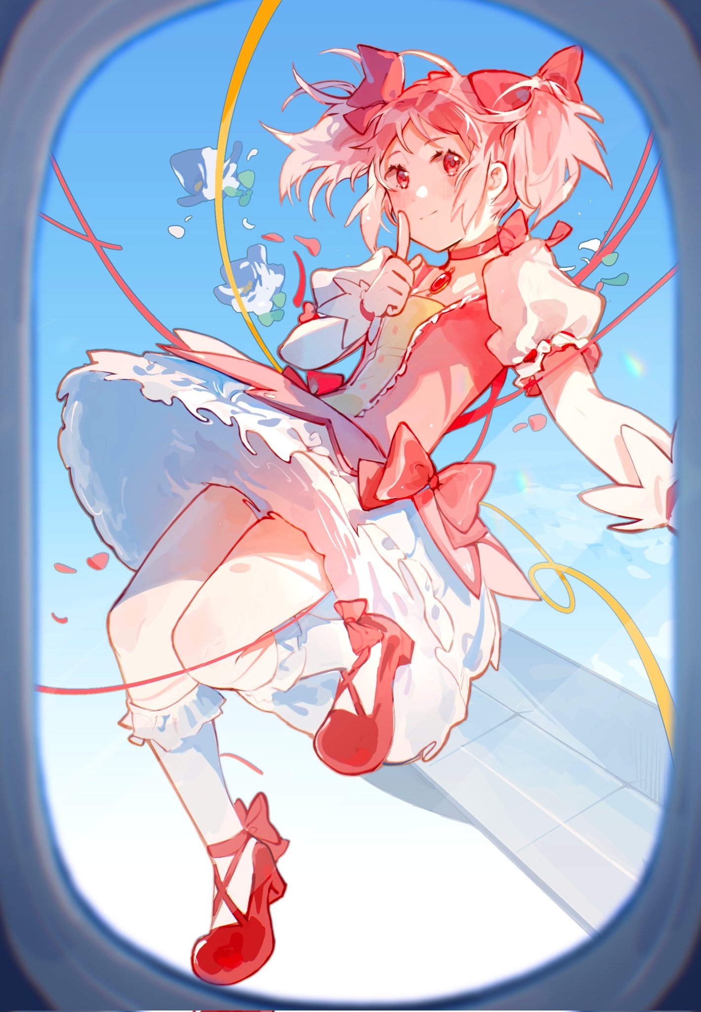 1girl aircraft airplane airplane_interior blue_sky blush bow bubble_skirt choker closed_mouth commentary corrupted_twitter_file day dress english_commentary floating_hair flying gloves hair_bow hand_up highres index_finger_raised kaname_madoka kneehighs lens_flare looking_at_viewer magical_girl mahou_shoujo_madoka_magica outstretched_arm pink_bow pink_choker pink_dress pink_eyes pink_hair puffy_short_sleeves puffy_sleeves red_footwear short_hair short_sleeves short_twintails skirt sky socks solo soul_gem twintails white_gloves white_socks window ziyin