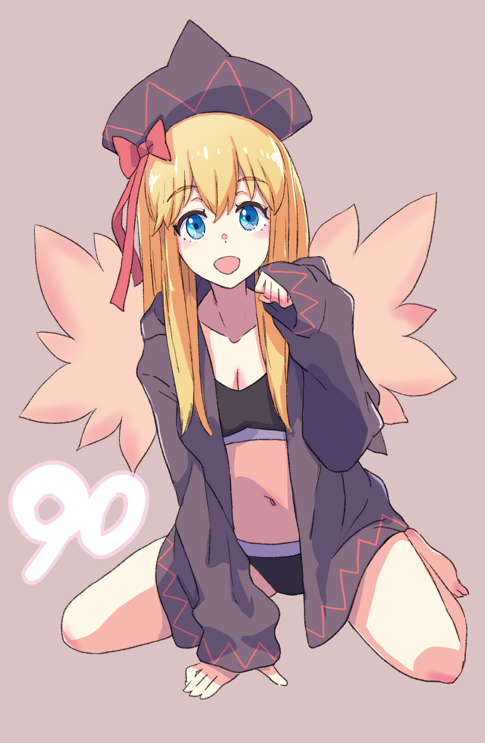1girl :d bare_legs barefoot bikini black_bikini black_hat black_hoodie blonde_hair blue_eyes bow breasts collarbone commentary_request fairy_wings full_body hat hat_bow highres hood hood_down hoodie jack_(wkm74959) lily_black lily_white long_hair long_sleeves navel pointy_hat puffy_sleeves purple_background red_bow red_ribbon ribbon sidelocks simple_background sitting small_breasts smile solo stomach swimsuit touhou very_long_hair wariza wings