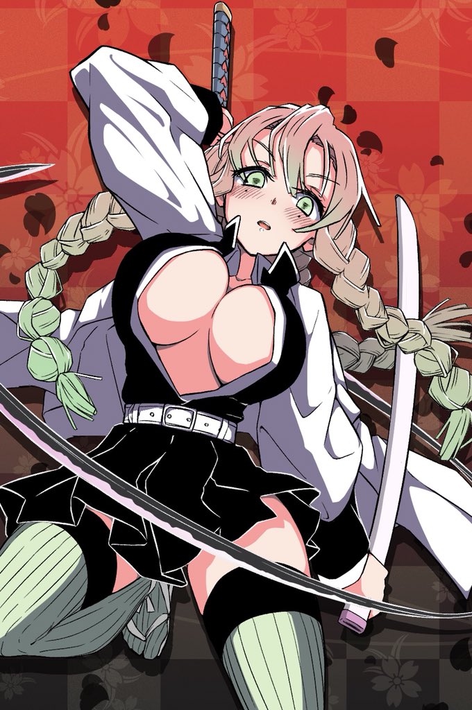 1girl arm_up azukilib belt black_dress blush braid breasts commentary_request dress drop_shadow gradient_background gradient_hair green_eyes green_hair green_thighhighs holding holding_sheath holding_sword holding_weapon japanese_clothes jumping kanroji_mitsuri katana kimetsu_no_yaiba kimono large_breasts leg_up long_hair long_sleeves looking_at_viewer mole mole_under_eye multicolored_hair open_clothes open_dress open_mouth petals pink_hair pleated_dress red_background sandals sheath short_dress sidelocks solo sword teeth thighhighs twin_braids two-tone_hair v-shaped_eyebrows weapon white_footwear white_kimono
