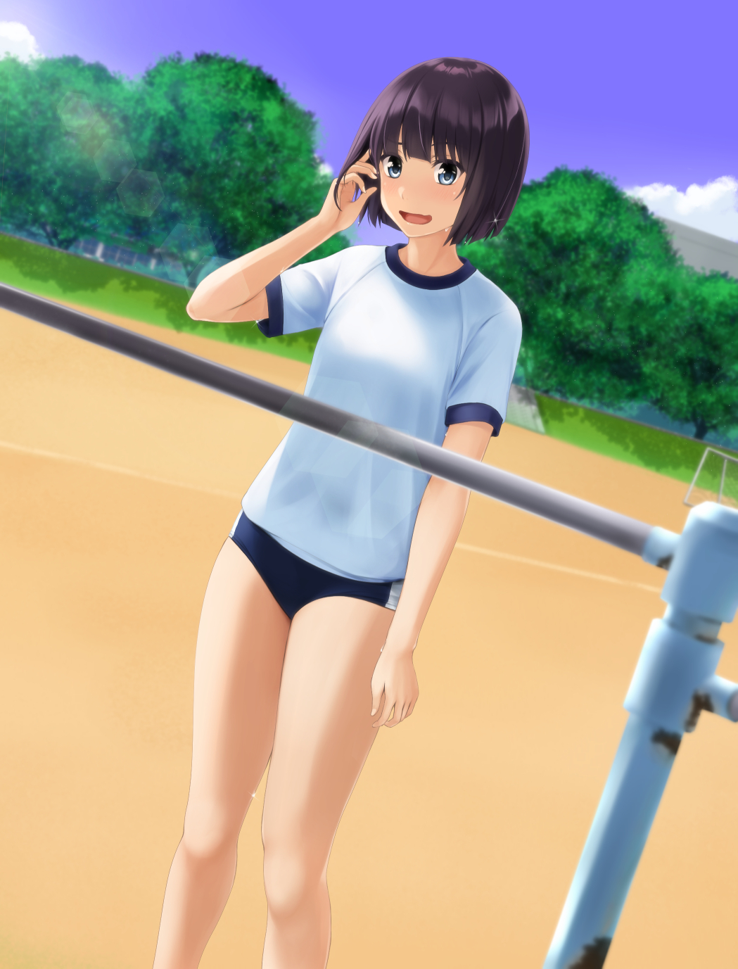 1girl blue_buruma blue_eyes blue_sky blush breasts brown_hair buruma cloud commentary_request day feet_out_of_frame goal gym_uniform highres horizontal_bar nonaka_ritsu open_mouth original outdoors shirt short_sleeves sky small_breasts solo standing sweat tree wavy_mouth white_shirt