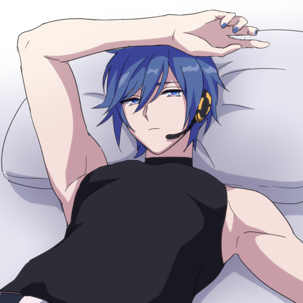 1boy akiyoshi_(tama-pete) arm_rest arm_up armpits blue_eyes blue_hair blue_nails closed_mouth expressionless hair_between_eyes head_on_pillow headset kaito_(vocaloid) looking_at_viewer lying male_focus on_back sleeveless sleeveless_turtleneck solo turtleneck upper_body vocaloid