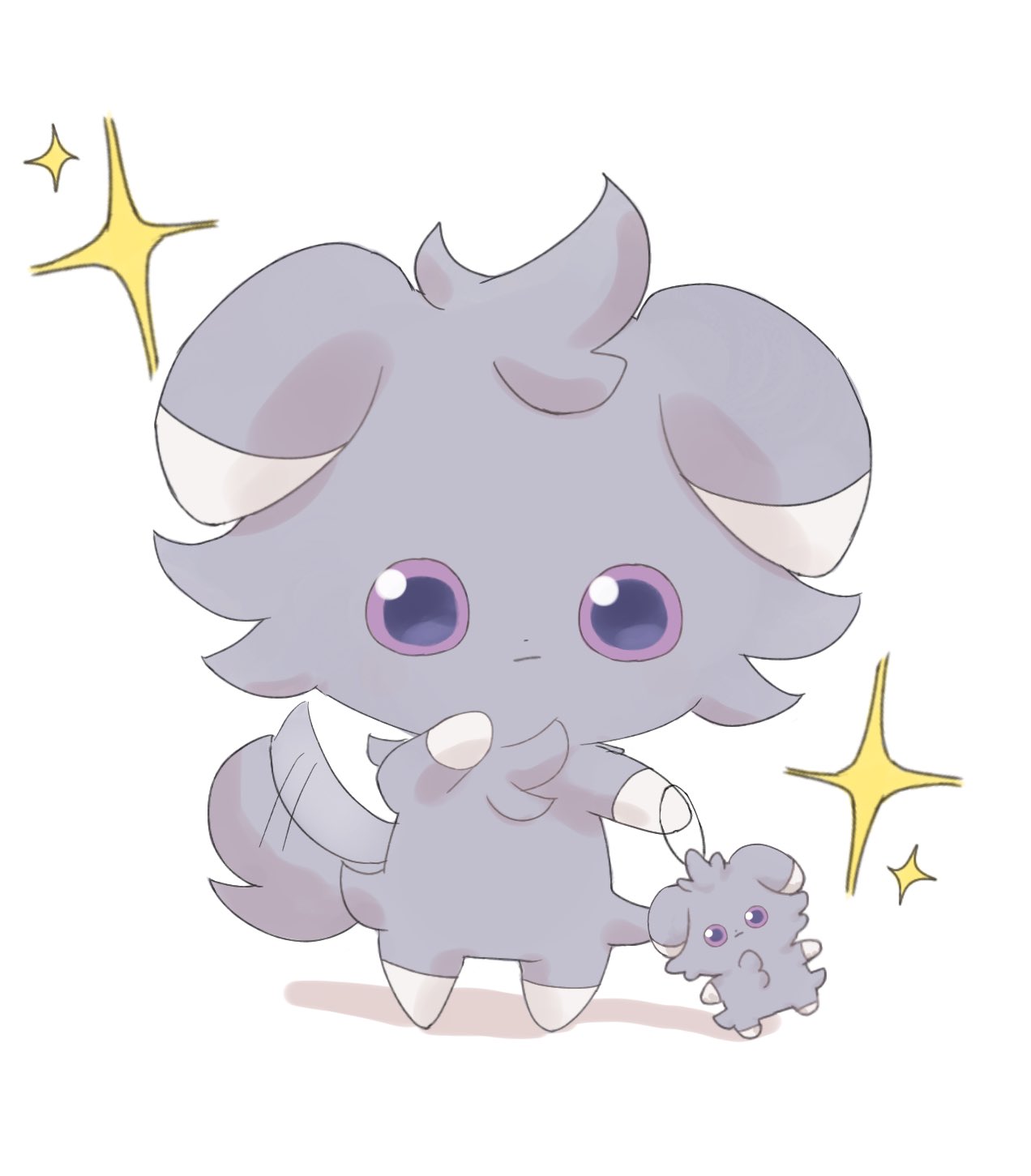 animal_focus closed_mouth commentary_request espurr grey_fur highres no_humans pokemon pokemon_(creature) purple_eyes simple_background sparkle standing suimin_ap_(aroniumu) tail white_background