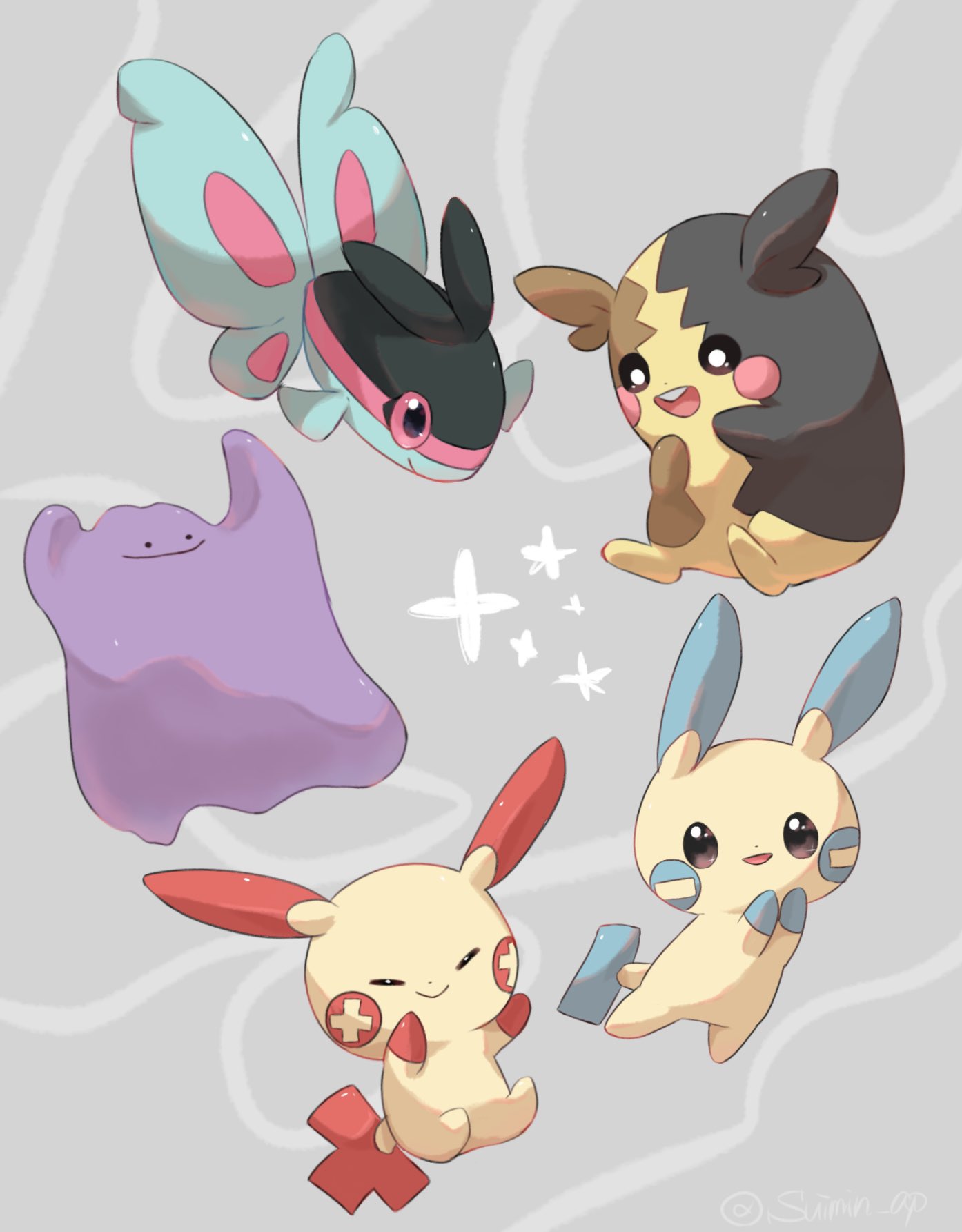 :d animal_focus closed_eyes closed_mouth commentary_request ditto finneon fish grey_background highres minun morpeko morpeko_(full) no_humans open_mouth pink_eyes plusle pokemon pokemon_(creature) smile solid_circle_eyes sparkle suimin_ap_(aroniumu) tail