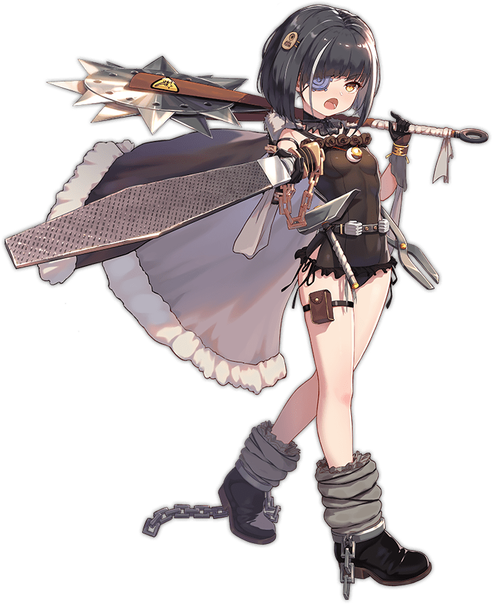 1girl ark_order belt black_cape black_dress black_footwear black_gloves black_hair black_panties bob_cut boots cape chain circular_saw cuffs cyclops_(ark_order) dress eyepatch frilled_dress frills full_body fur-trimmed_cape fur_trim gears gloves hammer holding holding_weapon looking_at_viewer official_art panties pointing pointing_at_viewer pouch saw shackles short_hair sidelocks solo tachi-e thigh_pouch thigh_strap tongs transparent_background underwear walking weapon you_ni_ge_shaobing