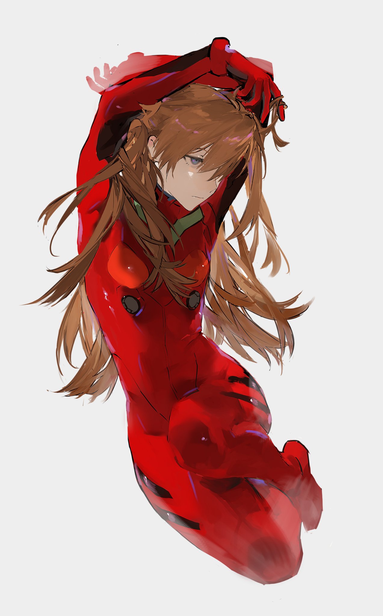 1girl arms_up blue_eyes bodysuit breasts brown_hair closed_mouth full_body glaring grey_background hair_over_one_eye half-closed_eyes highres long_hair looking_ahead neon_genesis_evangelion one_eye_covered perdrekisuru pilot_suit plugsuit red_bodysuit serious simple_background small_breasts solo souryuu_asuka_langley