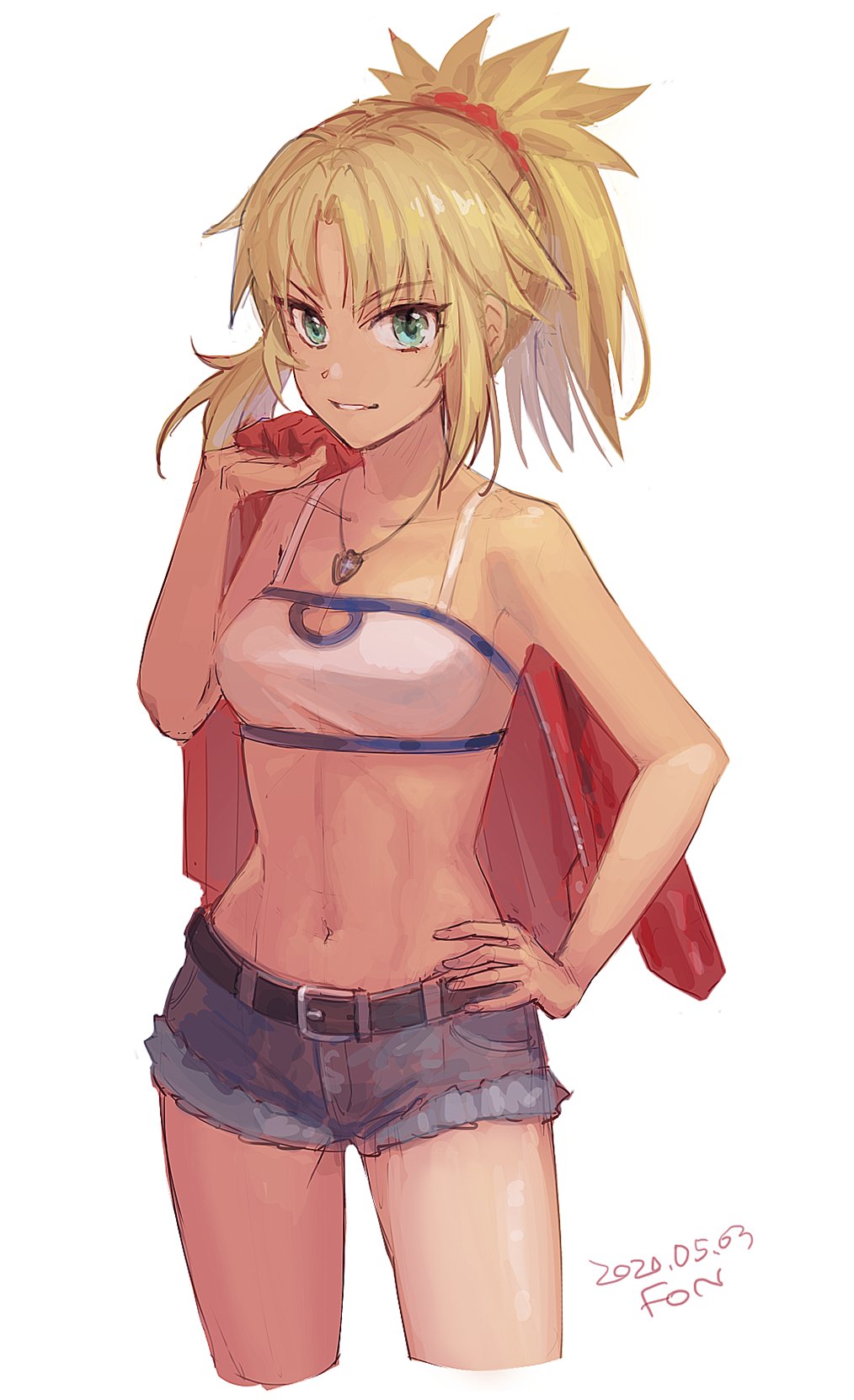 1girl belt black_belt blonde_hair collarbone cropped_legs dated denim denim_shorts fate/apocrypha fate_(series) fon-due_(fonfon) green_eyes highres holding holding_clothes holding_jacket jacket jewelry looking_at_viewer mordred_(fate) mordred_(fate/apocrypha) navel necklace parted_lips ponytail shirt shorts signature simple_background solo white_background white_shirt
