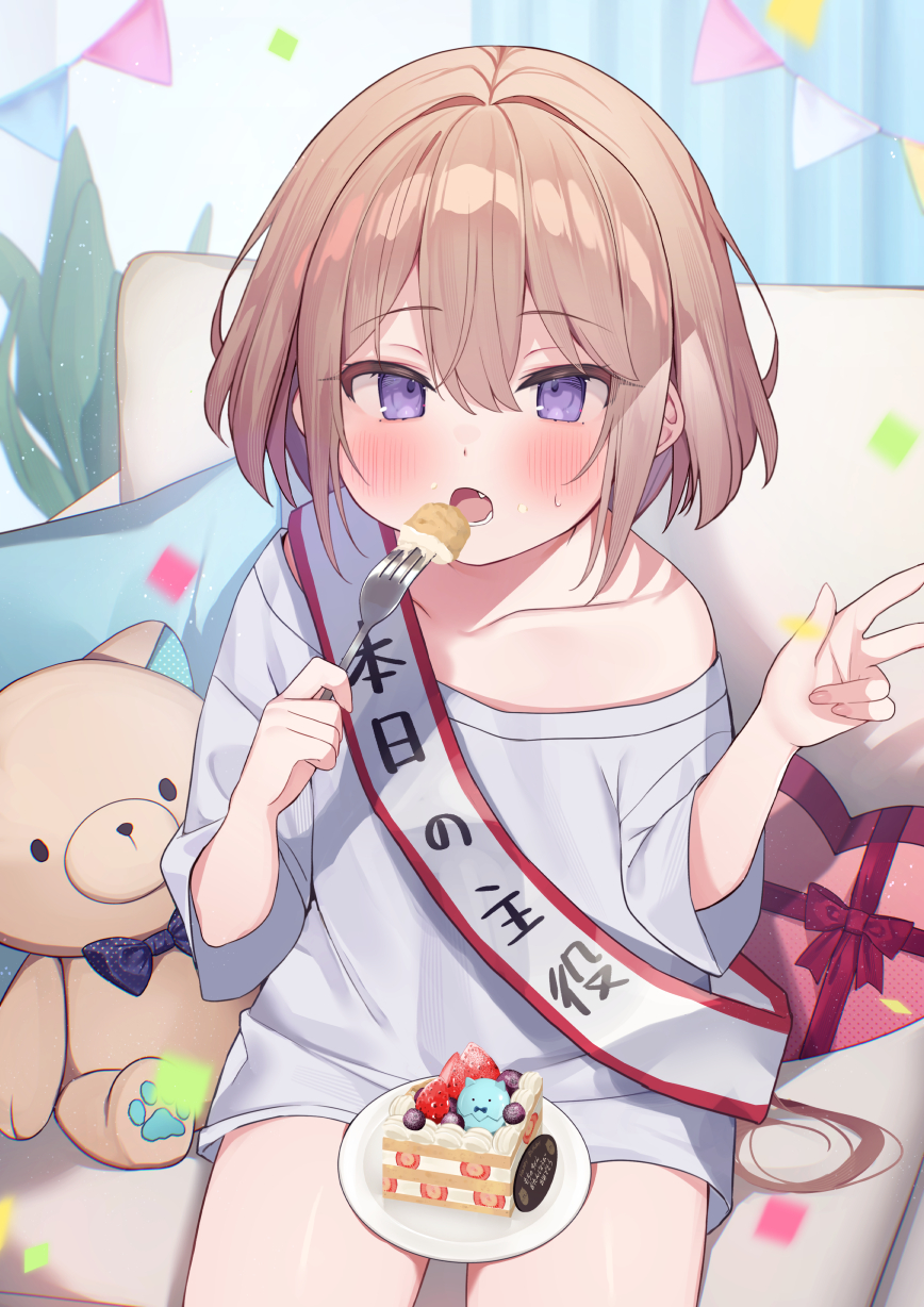 1girl :o birthday_sash blush box brown_hair cake collarbone commentary_request confetti couch curtains ebihara_beniko fang food fork gift gift_box hair_between_eyes hands_up heart-shaped_box highres holding holding_fork indoors long_sleeves looking_at_viewer off_shoulder on_couch open_mouth original pennant pillow plant plate purple_eyes shirt sitting solo string_of_flags stuffed_animal stuffed_cat stuffed_toy translated v white_shirt