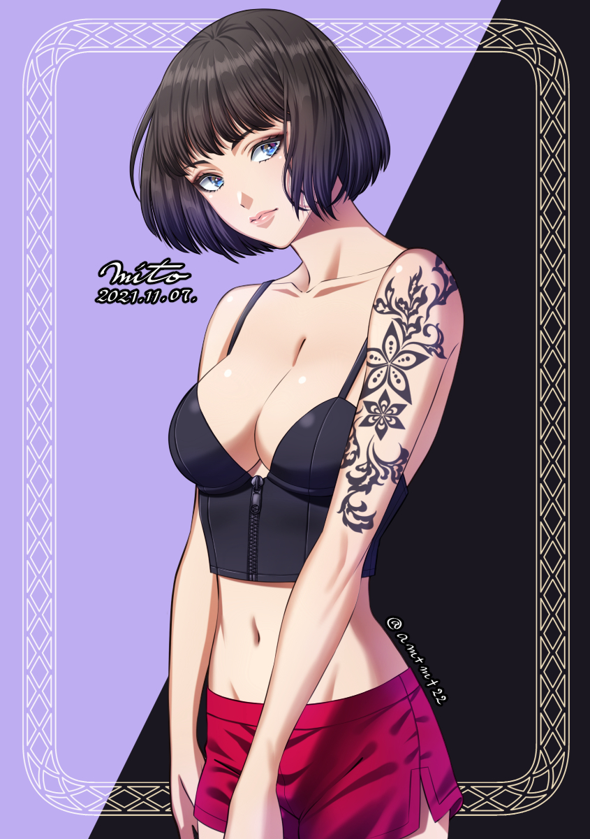 1girl arm_tattoo black_hair blue_eyes breasts bustier cleavage commentary_request dated groin head_tilt highres large_breasts miniskirt mito_amatsu navel original pink_lips red_skirt shoulder_tattoo signature skirt solo tattoo twitter_username upper_body