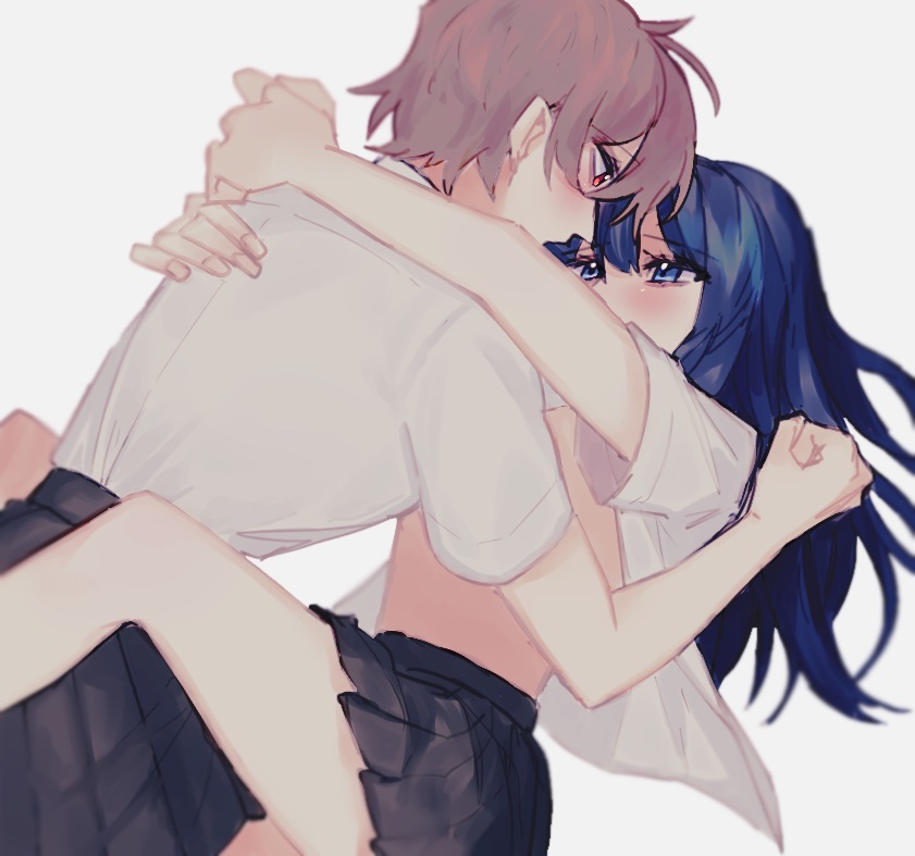2girls azuma_(magi-inazuma) between_legs black_skirt blue_eyes blue_hair brown_hair chinese_commentary commentary_request eye_contact girl_on_top grey_background hand_on_another's_back hug looking_at_another lying mixed-language_commentary multiple_girls no_bra on_back open_clothes open_shirt original pleated_skirt red_eyes school_uniform shirt short_hair short_sleeves simple_background skirt white_shirt yuri