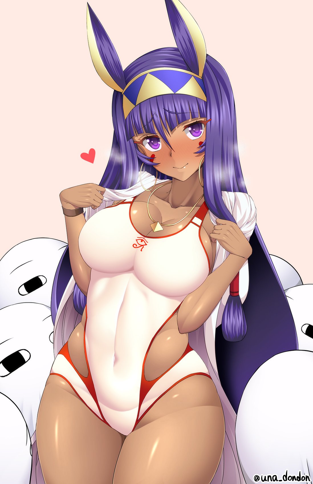 1girl animal_ears blush breasts cleavage competition_swimsuit covered_navel dark-skinned_female dark_skin earrings facial_mark fate/grand_order fate_(series) hairband heart highres hoop_earrings jackal_ears jewelry large_breasts long_hair looking_at_viewer medjed_(fate) necklace nitocris_(fate) nitocris_(swimsuit_assassin)_(fate) nitocris_(swimsuit_assassin)_(second_ascension)_(fate) one-piece_swimsuit purple_eyes purple_hair simple_background smile solo swimsuit unadon very_long_hair white_one-piece_swimsuit