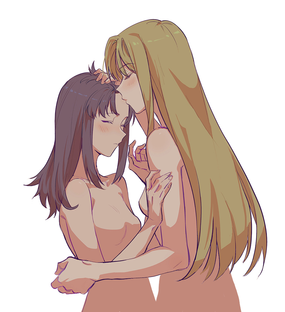 2girls blonde_hair breasts closed_eyes closed_mouth commentary english_commentary hand_on_another's_arm kaleido_star kiss kissing_forehead layla_hamilton long_hair multiple_girls naegino_sora nude purple_hair rekari_(rekari628) simple_background small_breasts upper_body white_background yuri