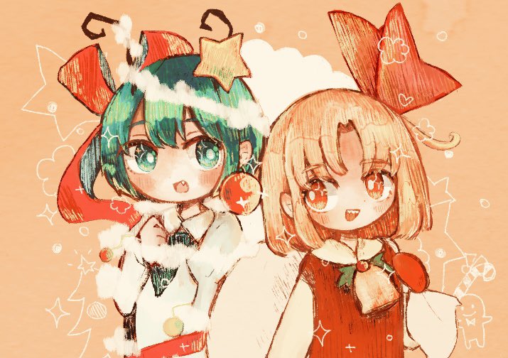 2girls antennae ascot blonde_hair cape christmas christmas_ornaments fireflies green_eyes green_hair hair_ribbon mokumoku22 multiple_girls open_mouth red_ascot red_eyes ribbon rumia sharp_teeth short_hair skirt skirt_set star-shaped_pupils star_(symbol) symbol-shaped_pupils teeth touhou upper_body upper_teeth_only vest wriggle_nightbug